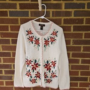 B19 KIKIT White Poinsettia Holiday Sweater Sz Lg